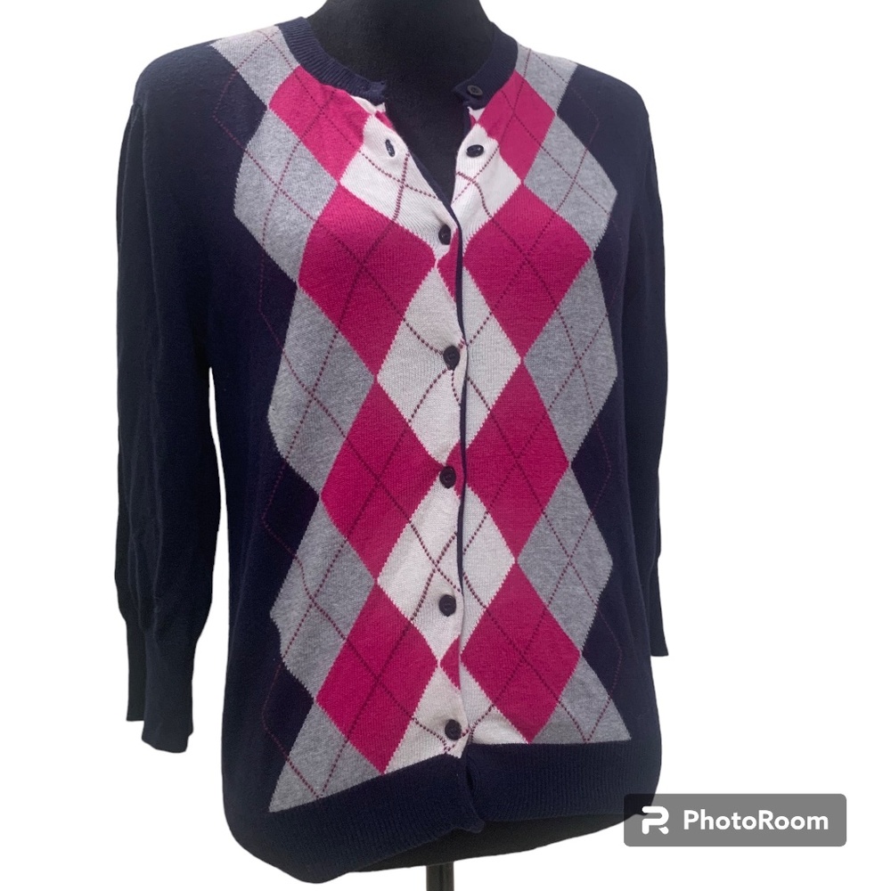 THRE3 Argyle Women Light Cardigan Button Front Crewneck 3/4 sleeve Size L